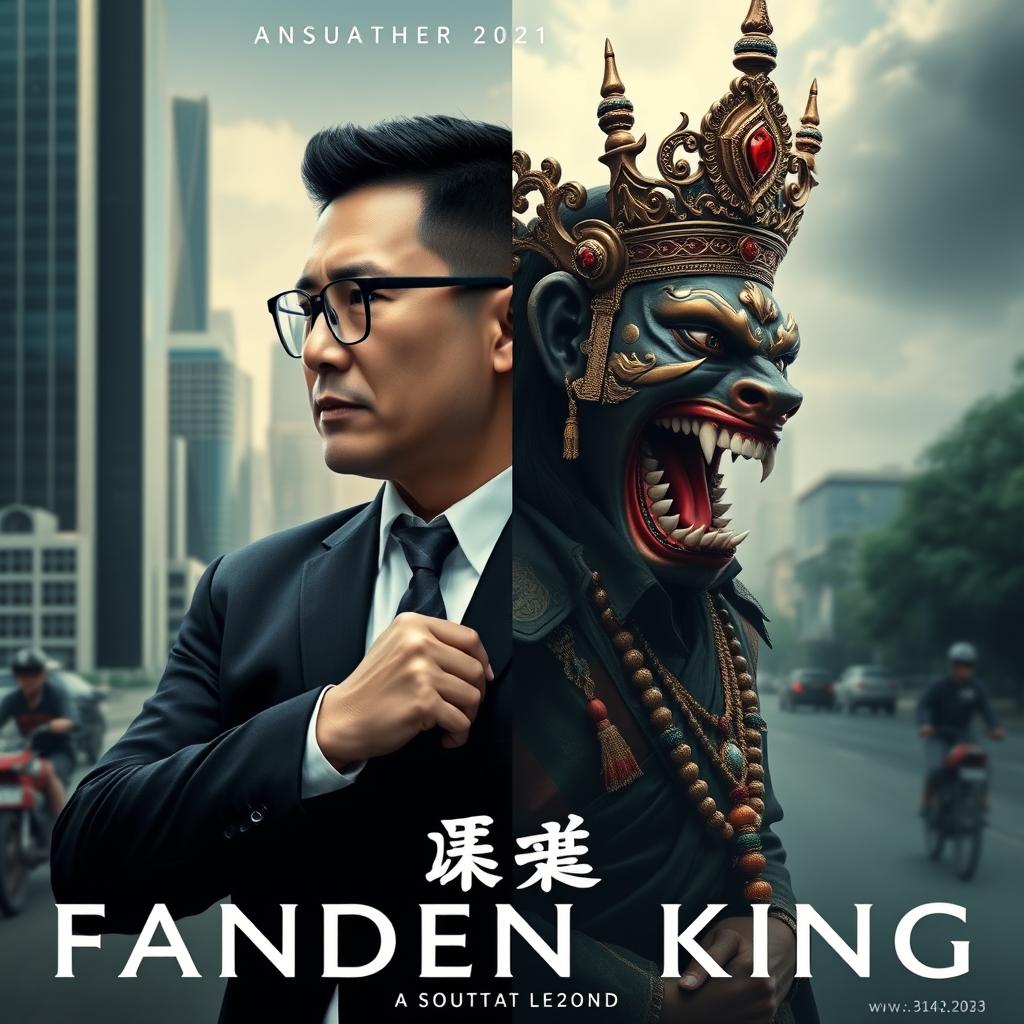 A movie poster featuring a split person, half modern corporate figure and half Fanged King of Thai legend