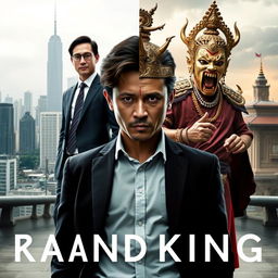 A movie poster featuring a split person, half modern corporate figure and half Fanged King of Thai legend