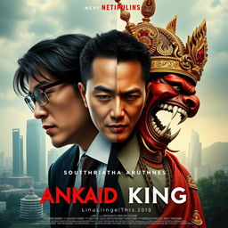 A movie poster featuring a split person, half modern corporate figure and half Fanged King of Thai legend