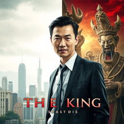 A movie poster featuring a split person, half modern corporate figure and half Fanged King of Thai legend