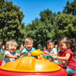 Un cartel que muestra a niños jugando a juegos infantiles de Gran Prix en un parque