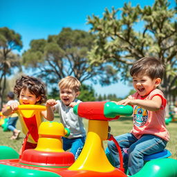 Un cartel que muestra a niños jugando a juegos infantiles de Gran Prix en un parque