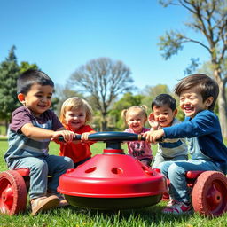 Un cartel que muestra a niños jugando a juegos infantiles de Gran Prix en un parque