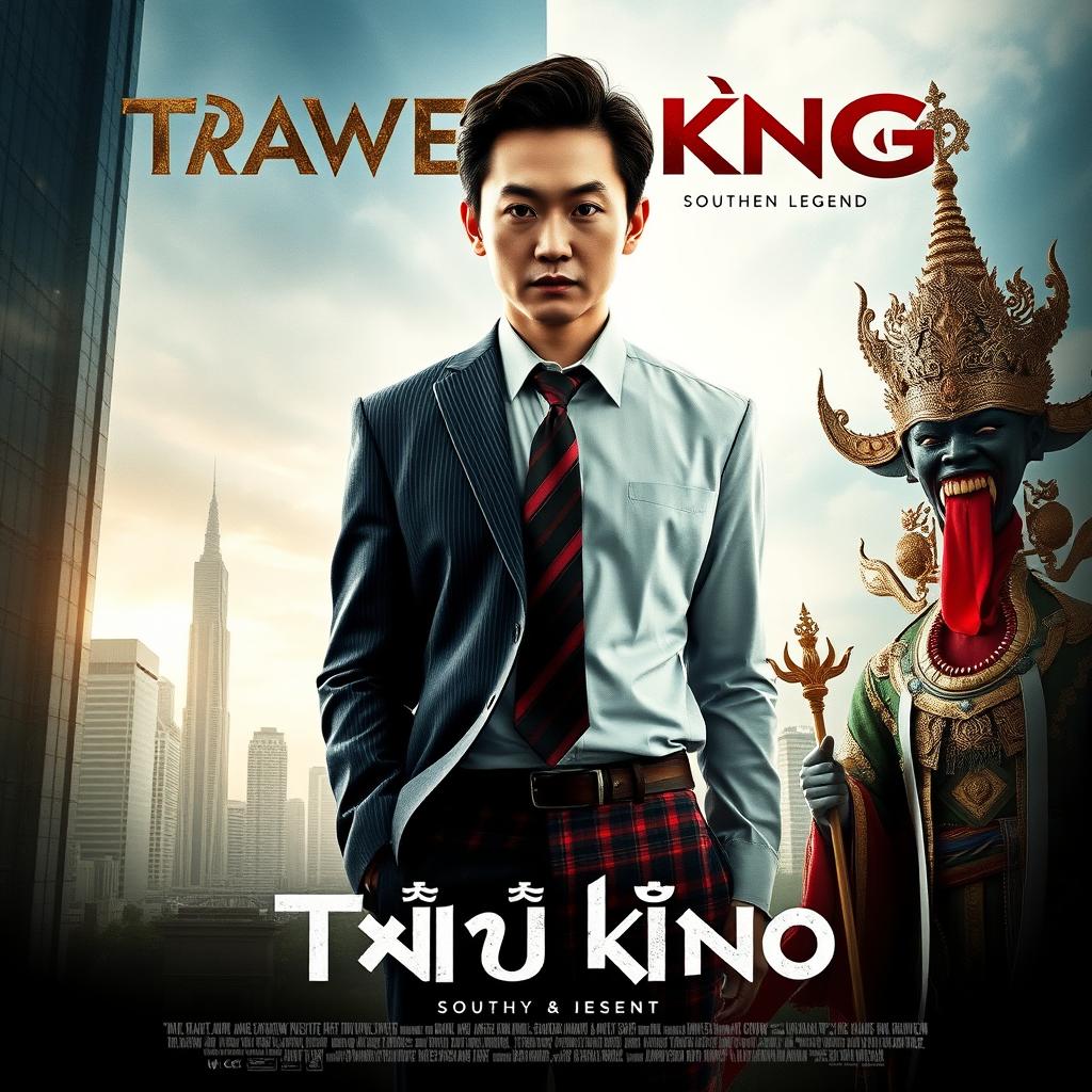 A movie poster featuring a split person, half modern corporate figure and half Fanged King of Thai legend, without any text