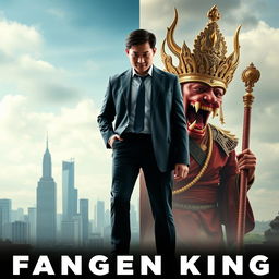 A movie poster featuring a split person, half modern corporate figure and half Fanged King of Thai legend, without any text