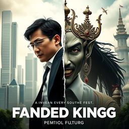 A movie poster featuring a split person, half modern corporate figure and half Fanged King of Thai legend, without any text