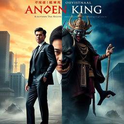 A movie poster featuring a split person, half modern corporate figure and half Fanged King of Thai legend, without any text