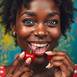 A detailed image of a black woman with a joyful expression, delicately licking a cherry