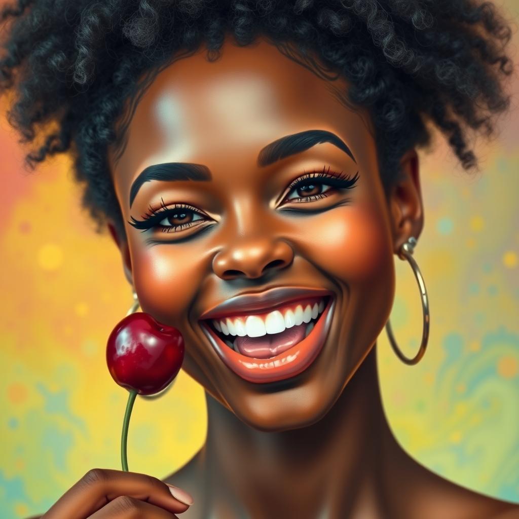 A detailed image of a black woman with a joyful expression, delicately licking a cherry