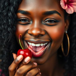 A detailed image of a black woman with a joyful expression, delicately licking a cherry