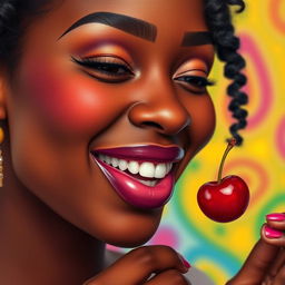 A detailed image of a black woman with a joyful expression, delicately licking a cherry