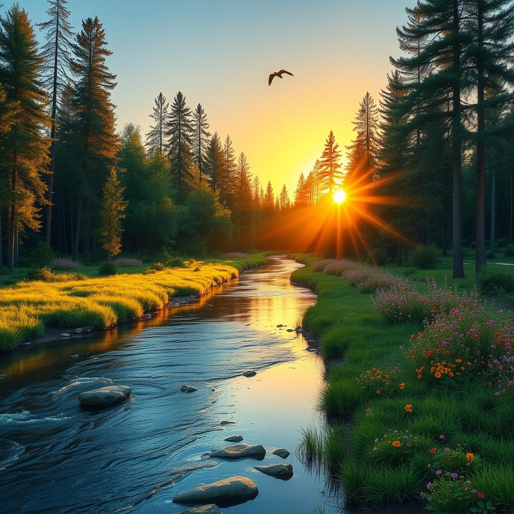 A serene landscape featuring a peaceful river flowing through a lush forest with tall trees and vibrant flowers