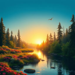 A serene landscape featuring a peaceful river flowing through a lush forest with tall trees and vibrant flowers