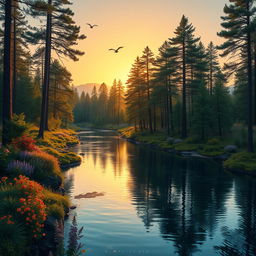 A serene landscape featuring a peaceful river flowing through a lush forest with tall trees and vibrant flowers