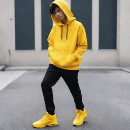 Stylish anime boy dressed in a bright yellow hoodie, sleek black pants, and matching yellow shoes