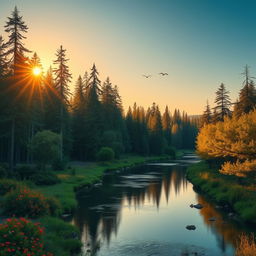 A serene landscape featuring a peaceful river flowing through a lush forest with tall trees and vibrant flowers