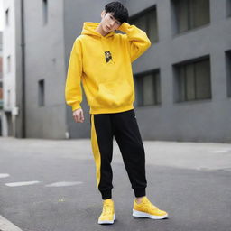 Stylish anime boy dressed in a bright yellow hoodie, sleek black pants, and matching yellow shoes