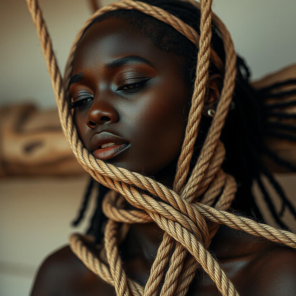 A Black woman depicted in a sensitive and artistic manner, tied with rope in a way that emphasizes both vulnerability and strength