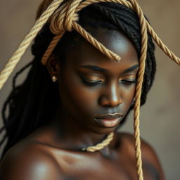 A Black woman depicted in a sensitive and artistic manner, tied with rope in a way that emphasizes both vulnerability and strength