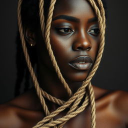 A Black woman depicted in a sensitive and artistic manner, tied with rope in a way that emphasizes both vulnerability and strength