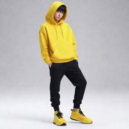 Stylish anime boy dressed in a bright yellow hoodie, sleek black pants, and matching yellow shoes