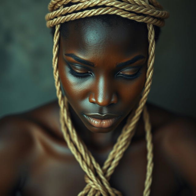 A Black woman depicted in a sensitive and artistic manner, tied with rope in a way that emphasizes both vulnerability and strength