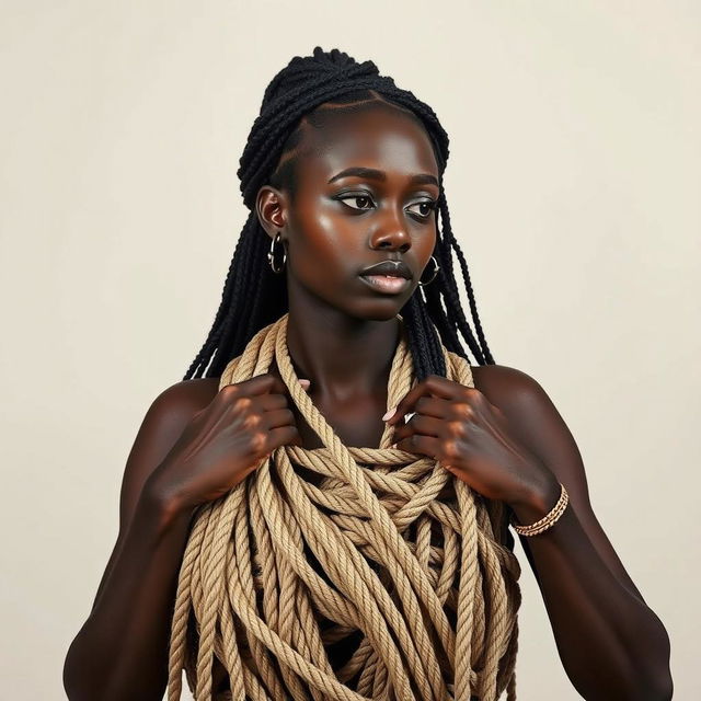 A Black woman engaging in bondage, depicted in an artistic and respectful manner