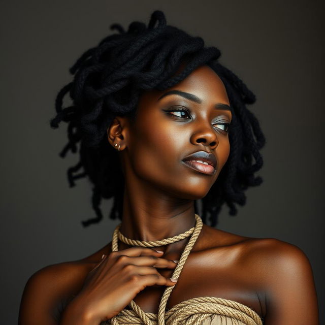 A Black woman engaging in bondage, depicted in an artistic and respectful manner