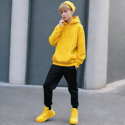 Stylish anime boy dressed in a bright yellow hoodie, sleek black pants, and matching yellow shoes