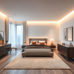 Diseña un dormitorio moderno y acogedor con una cama grande, iluminación suave, muebles elegantes y una decoración minimalista