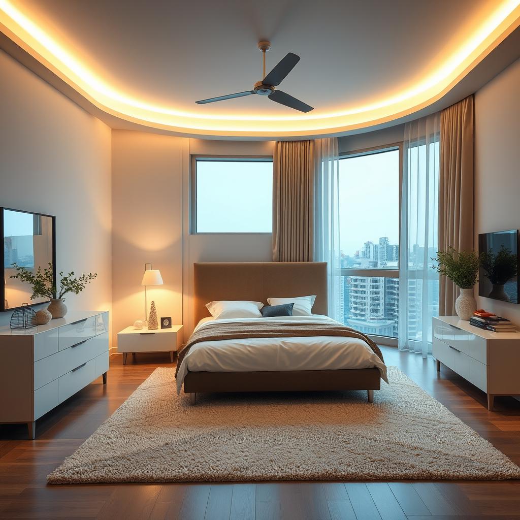 Diseña un dormitorio moderno y acogedor con una cama grande, iluminación suave, muebles elegantes y una decoración minimalista