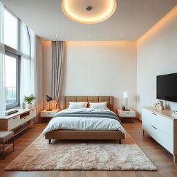 Diseña un dormitorio moderno y acogedor con una cama grande, iluminación suave, muebles elegantes y una decoración minimalista