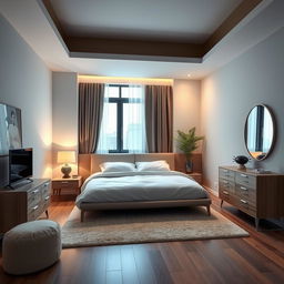 Diseña un dormitorio moderno y acogedor con una cama grande, iluminación suave, muebles elegantes y una decoración minimalista