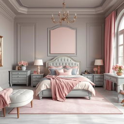 A beautiful bedroom featuring a grey and pink color scheme