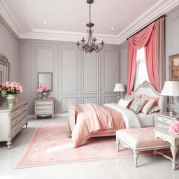 A beautiful bedroom featuring a grey and pink color scheme