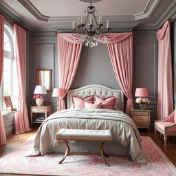 A beautiful bedroom featuring a grey and pink color scheme