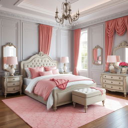 A beautiful bedroom featuring a grey and pink color scheme