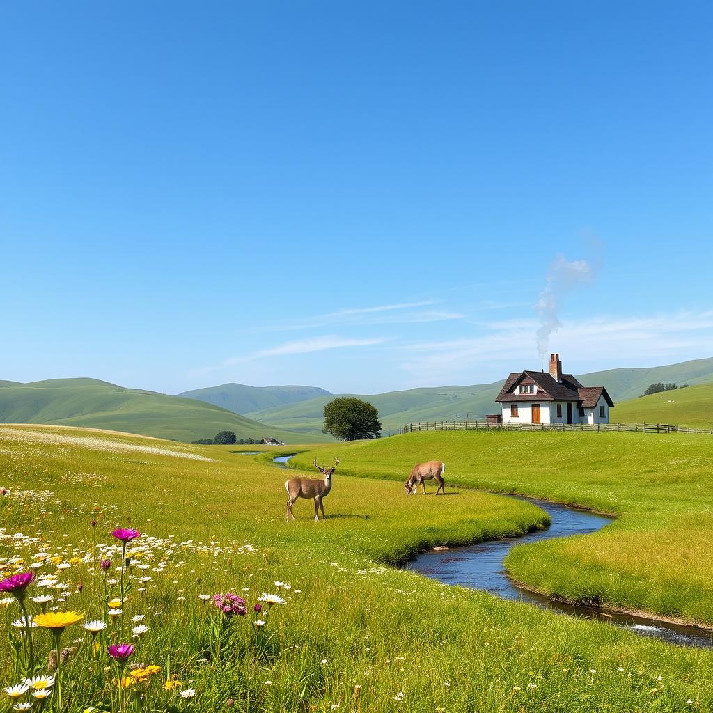 A serene landscape featuring a peaceful meadow with wildflowers and a clear blue sky