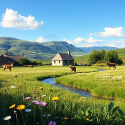 A serene landscape featuring a peaceful meadow with wildflowers and a clear blue sky