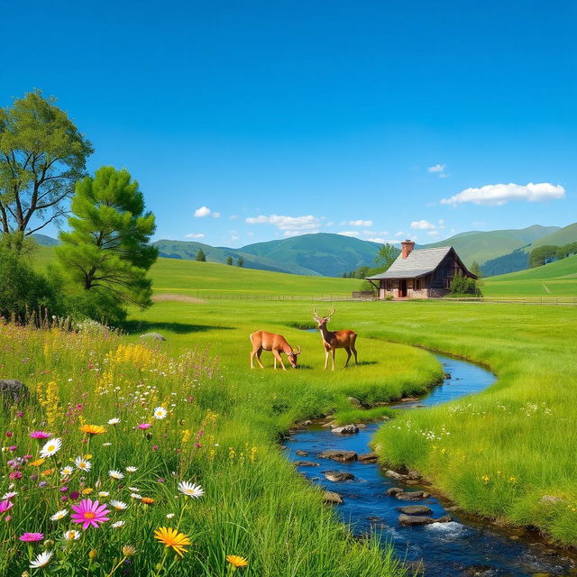 A serene landscape featuring a peaceful meadow with wildflowers and a clear blue sky