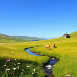 A serene landscape featuring a peaceful meadow with wildflowers and a clear blue sky