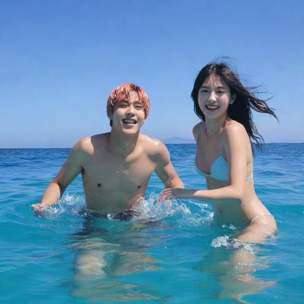 Kim Taehyung from BTS and Lisa Manoban from Black Pink joyfully playing in vibrant blue sea water under a bright sky.