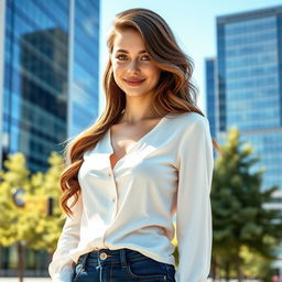 Create a high-resolution, realistic image of a woman in her mid-20s with long, wavy brunette hair and striking green eyes