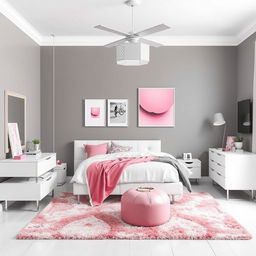 Modern bedroom decoration ideas featuring grey, white, and pink tones