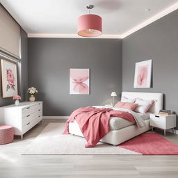 Modern bedroom decoration ideas featuring grey, white, and pink tones