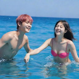 Kim Taehyung from BTS and Lisa Manoban from Black Pink joyfully playing in vibrant blue sea water under a bright sky.