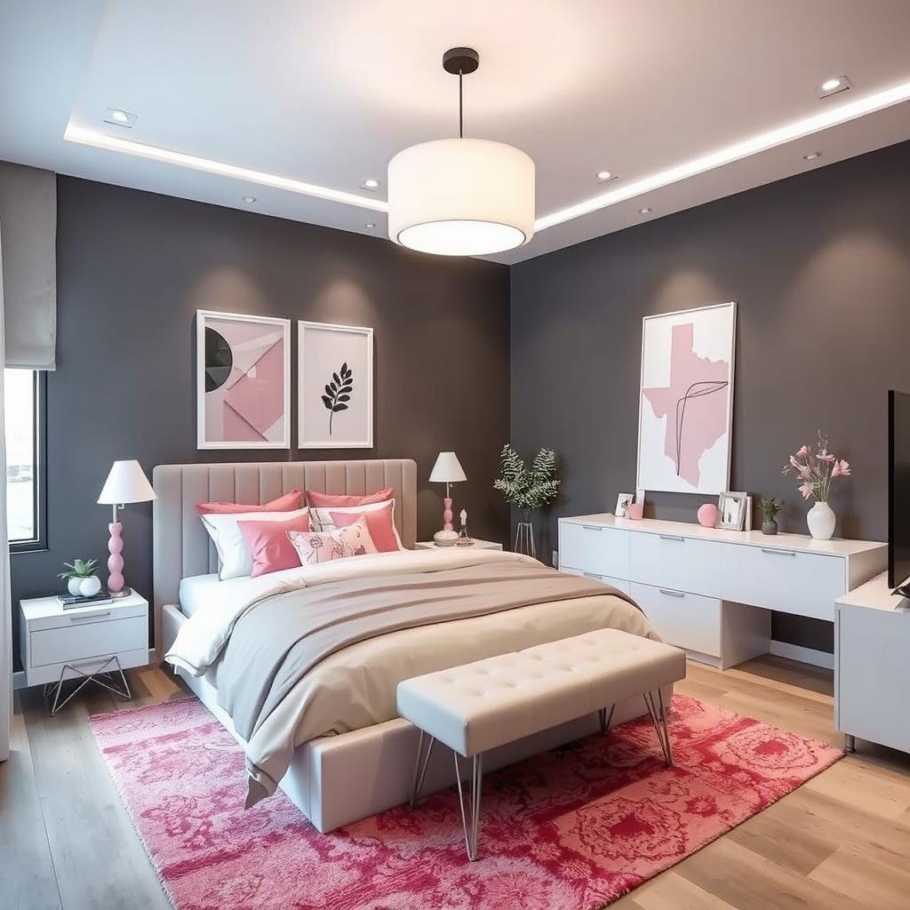 Modern bedroom decoration ideas featuring grey, white, and pink tones