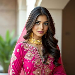 Create a high-resolution, realistic image of a Pakistani model in her mid-20s, with long, wavy brunette hair and striking green eyes