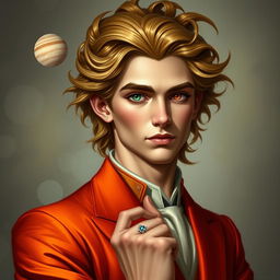 Create a portrait of Leo Cassius, a 19-year-old man with an oval face, high cheekbones, and one eye deep green and one eye orange