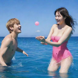 Kim Taehyung from BTS and Lisa Manoban from Black Pink joyfully playing in vibrant blue sea water under a bright sky.